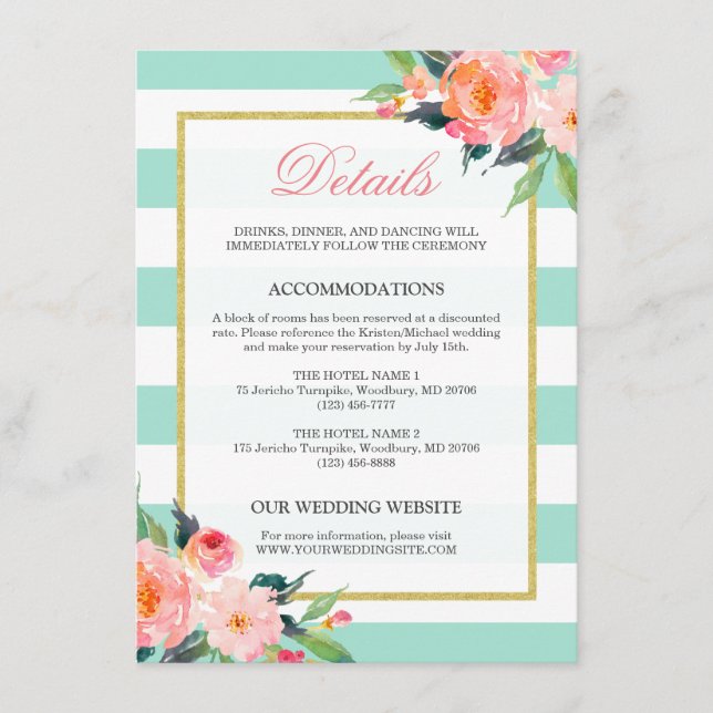 Floral Mint Green Stripes Gold Wedding Details Enclosure Card (Front)