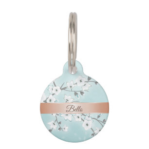 Floral Mint Rose Gold Cherry Blossom Pet´s Name Pet Tag