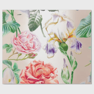 Floral Mint Tropical Roses Pink Creamy Pearly Wrapping Paper
