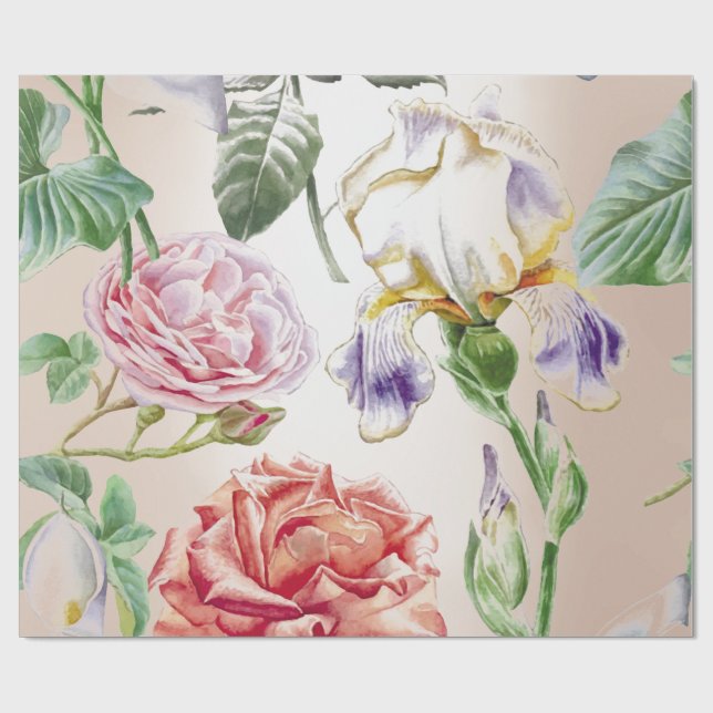 Floral Mint Tropical Roses Pink Creamy Pearly Wrapping Paper (Flat)