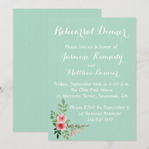 Floral Mint Wedding Rehearsal Pink Rose Flower Invitation