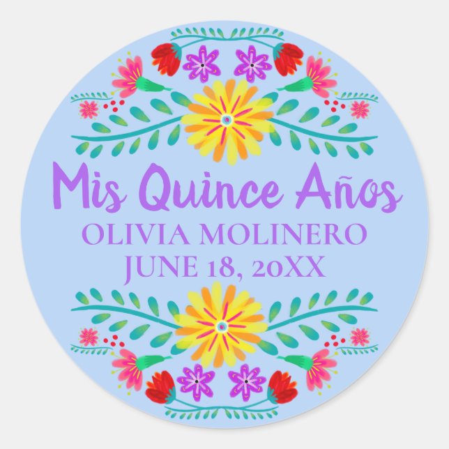Floral Mis Quince Anos Light Blue Mexican Fiesta Classic Round Sticker (Front)