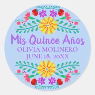 Floral Mis Quince Anos Light Blue Mexican Fiesta Classic Round Sticker