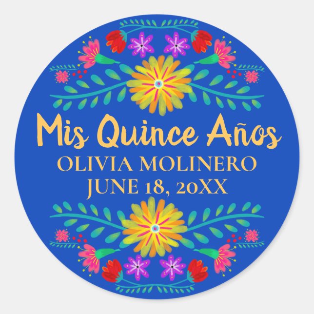 Floral Mis Quince Anos Royal Blue Mexican Fiesta Classic Round Sticker (Front)