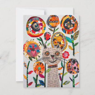 Floral Mixed Media Cat Collage Greeting Card