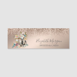 Floral Mixer Bakery Rose Gold Glitter Name Tag