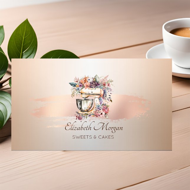 Floral Mixer Rose Gold Brush Stroke Bakery Business Card (Creator Uploaded)