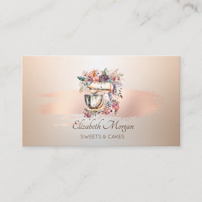 Floral Mixer Rose Gold Brush Stroke Bakery Business Card (Front)