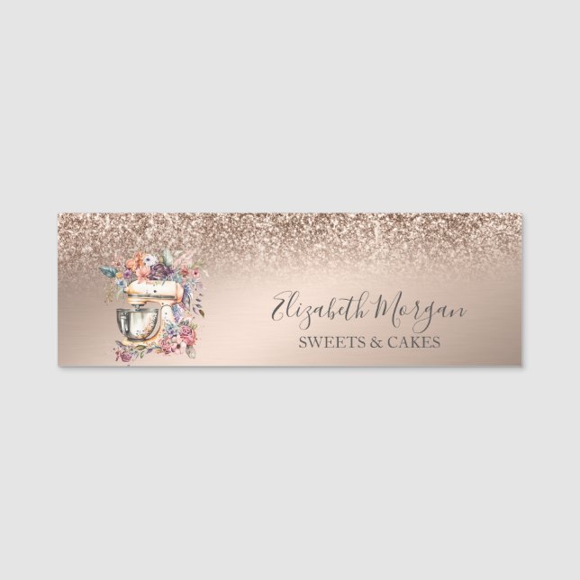 Floral Mixer Rose Gold Glitter Name Tag (Front)