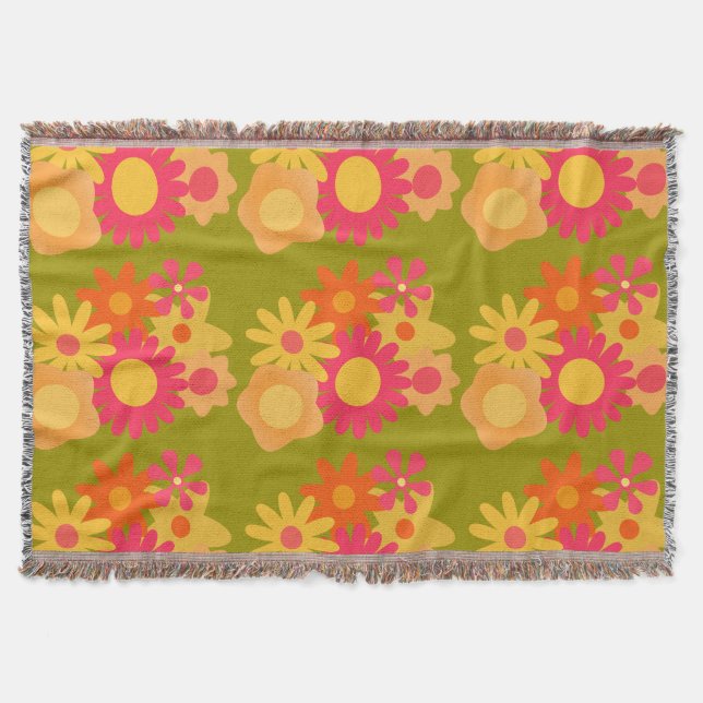 floral mod vintage pink green throw blanket (Front)