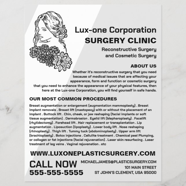 Floral Model, Plastic Surgeon, Plastic Surgery Flyer (Front)