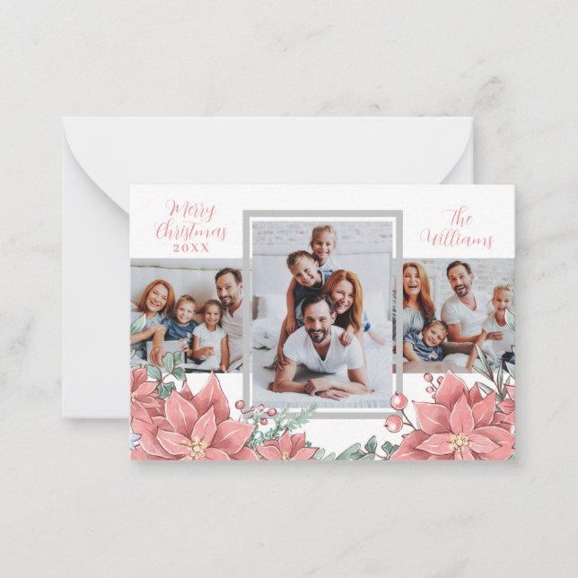 Floral Modern 3 Photo Collage Merry Christmas Card (Front)
