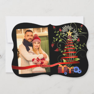 Floral Modern Art Christmas Tree Photo Fancy Cut Holiday Card