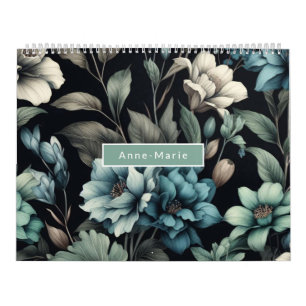 Floral modern black blue girly elegant stylish calendar