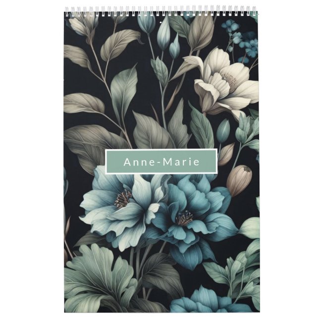 Floral modern black blue girly elegant stylish calendar (Cover)
