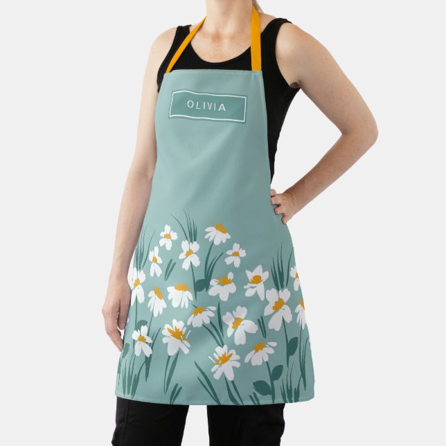 Floral modern daisy blue girly elegant stylish can apron (Insitu)