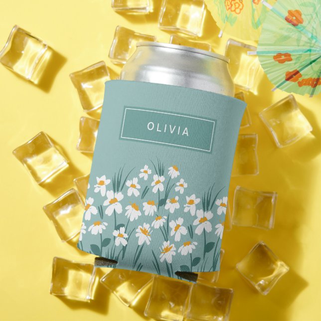 Floral modern daisy blue girly elegant stylish can cooler (In Situ Summer)