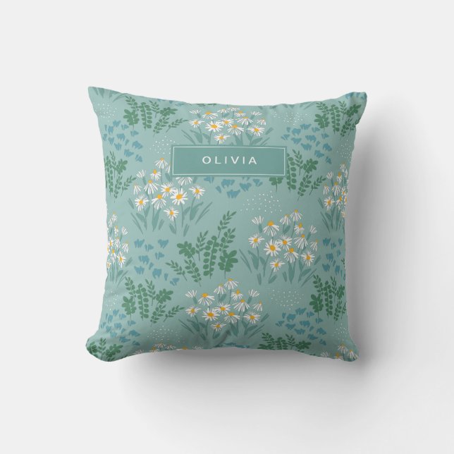 Floral modern daisy blue girly elegant stylish cushion (Front)