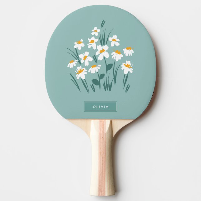 Floral modern daisy blue girly elegant stylish ping pong paddle (Front)