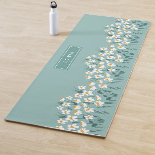 Floral modern daisy blue girly elegant stylish yoga mat