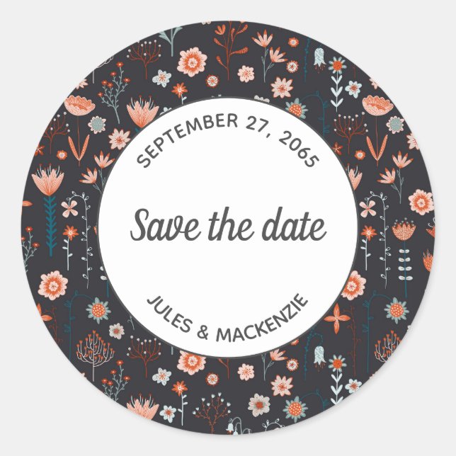 Floral Modern Dark Simple Save the Date Classic Round Sticker (Front)