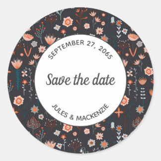 Floral Modern Dark Simple Save the Date Classic Round Sticker