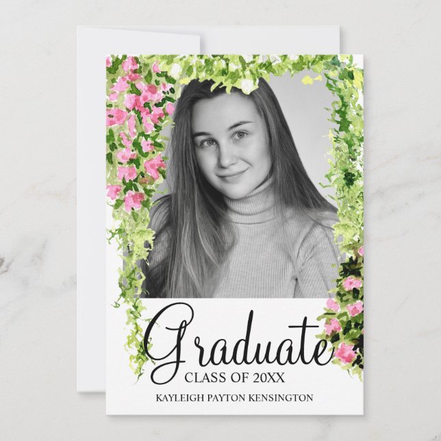 Floral Modern Elegant Script Graduation Photo   Announcement (Front)