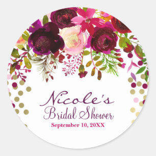 Floral Modern Gold Burgundy Bold Bridal Shower Classic Round Sticker