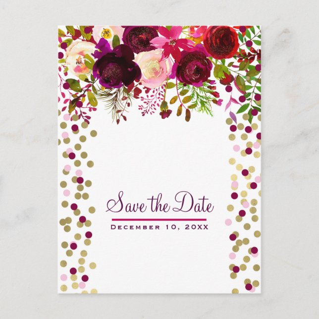 Floral Modern Gold Burgundy Bold Save the Date Announcement Postcard (Front)