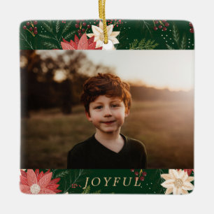 floral modern kids joyful christmas photo ceramic ornament