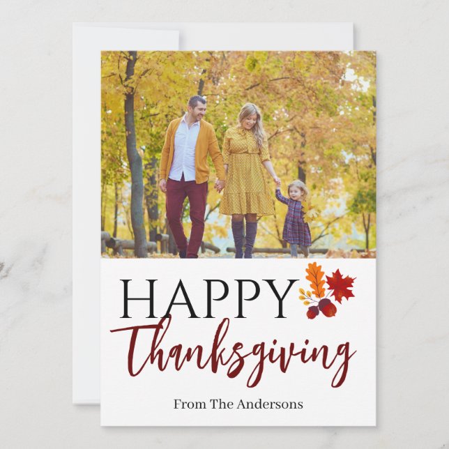 Floral Modern Monogram thanksgiving family photo Holiday Card (Front)