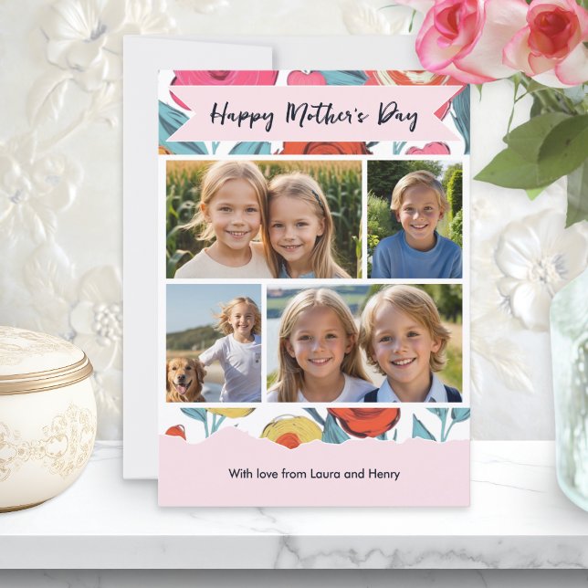 Floral Modern Mother’s Day Custom Photo Collage Holiday Card (A pretty floral Mother's Day card, with four custom photos and personalized message)