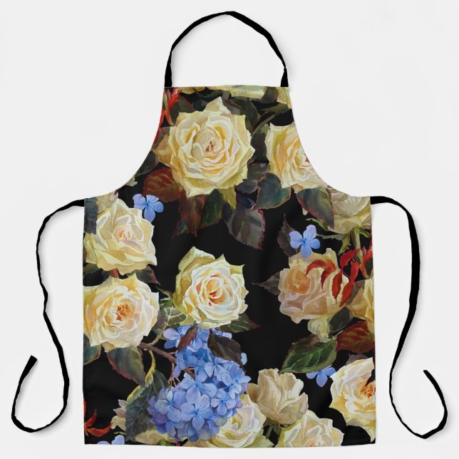 Floral modern pattern, white roses, blue hydrangea apron (Front)