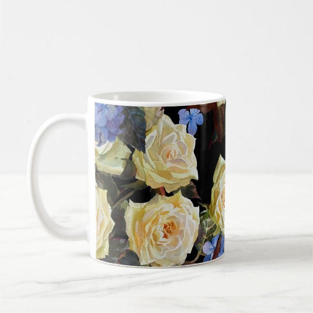 Floral modern pattern, white roses, blue hydrangea coffee mug (Left)