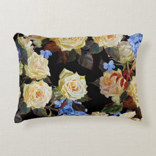 Floral modern pattern, white roses, blue hydrangea decorative cushion