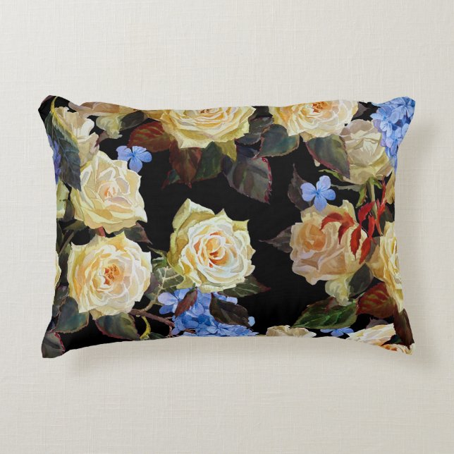 Floral modern pattern, white roses, blue hydrangea decorative cushion (Front)