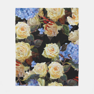 Floral modern pattern, white roses, blue hydrangea fleece blanket
