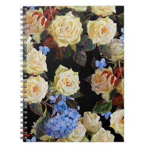 Floral modern pattern, white roses, blue hydrangea notebook