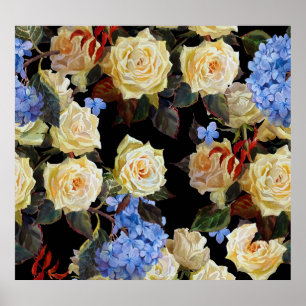 Floral modern pattern, white roses, blue hydrangea poster