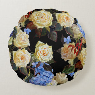 Floral modern pattern, white roses, blue hydrangea round cushion