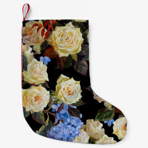 Floral modern pattern, white roses, blue hydrangea small christmas stocking