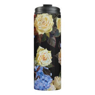 Floral modern pattern, white roses, blue hydrangea thermal tumbler