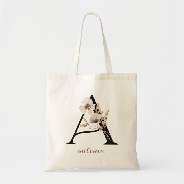Floral Modern Personalised Monogram Letter "A" Tote Bag (Front)