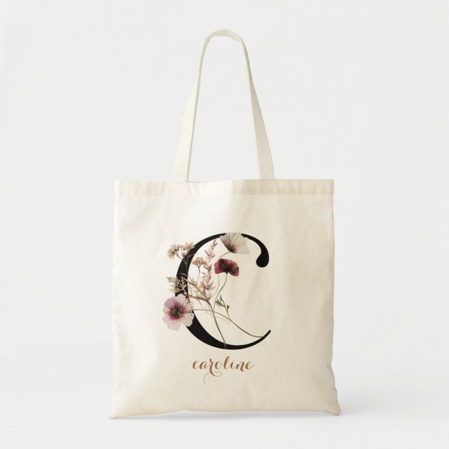 Floral Modern Personalised Monogram Letter "C" Tote Bag (Front)