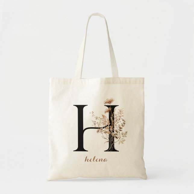 Floral Modern Personalised Monogram Letter "H" Tote Bag (Front)