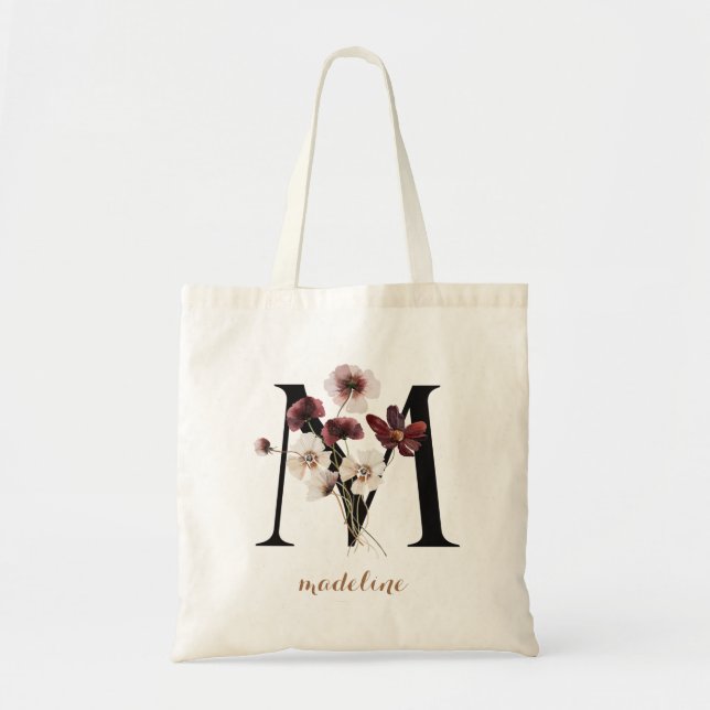 Floral Modern Personalised Monogram Letter "M" Tote Bag (Front)