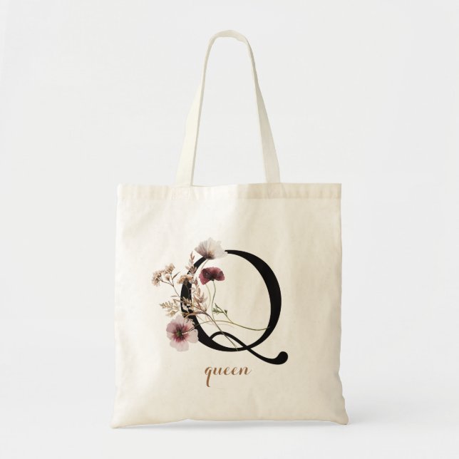 Floral Modern Personalised Monogram Letter "Q" Tote Bag (Front)