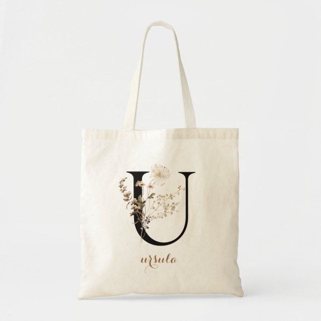 Floral Modern Personalized Monogram Letter "U" Tote Bag (Front)