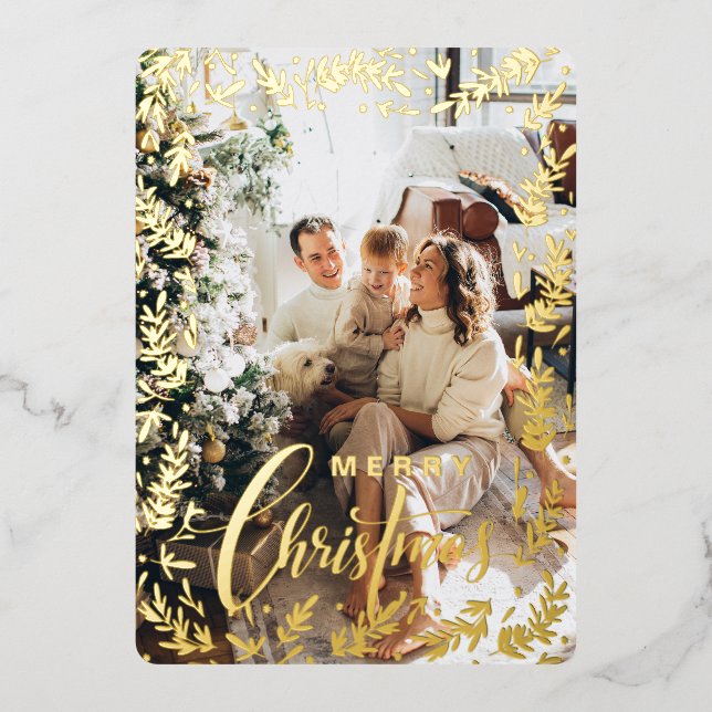 Floral Modern Photo gold Christmas  Foil Holid Foil Holiday Card (Front)
