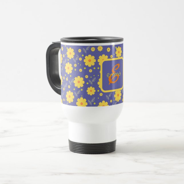 Floral Modern Purple Yellow Name Monogram Template Travel Mug (Front Left)